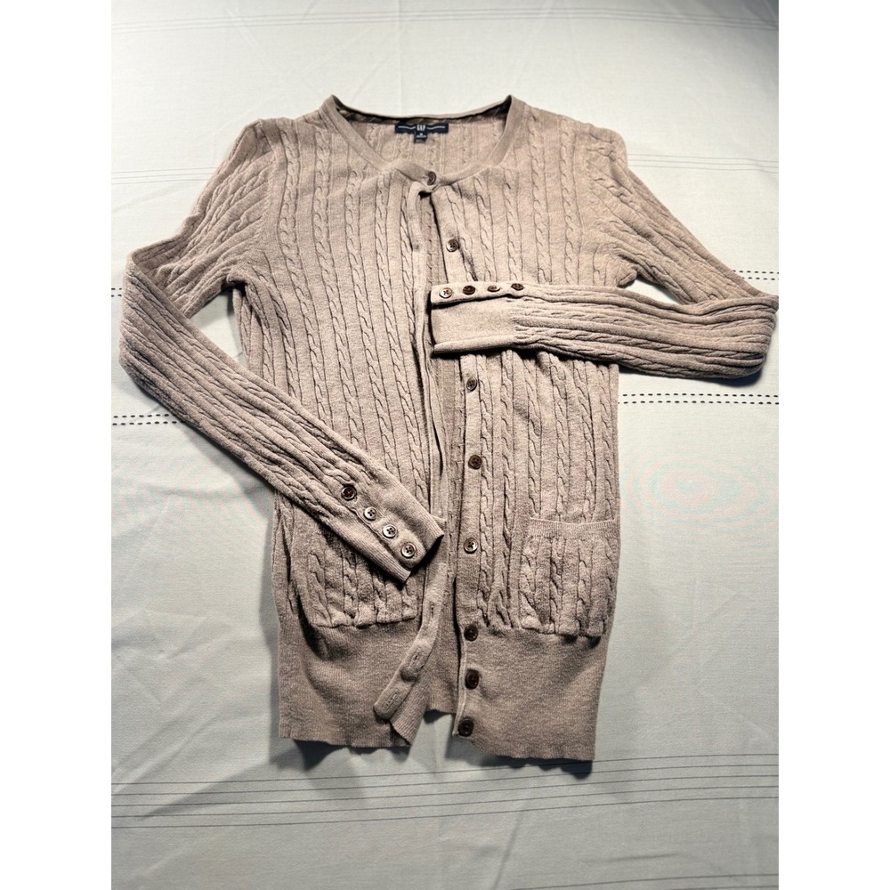 Gap‎ Womens Cable Knit Cardigan Sweater Taupe Brown Button Front Pocket Small